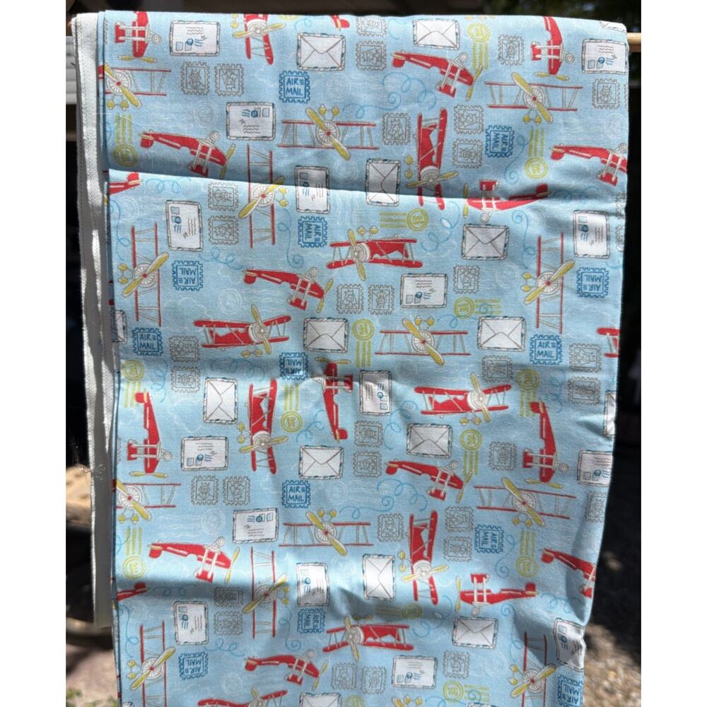 Emma & Mila Airplane Vtg Plane Time Air Mail Aviation Postage Blue 1.5 Yards